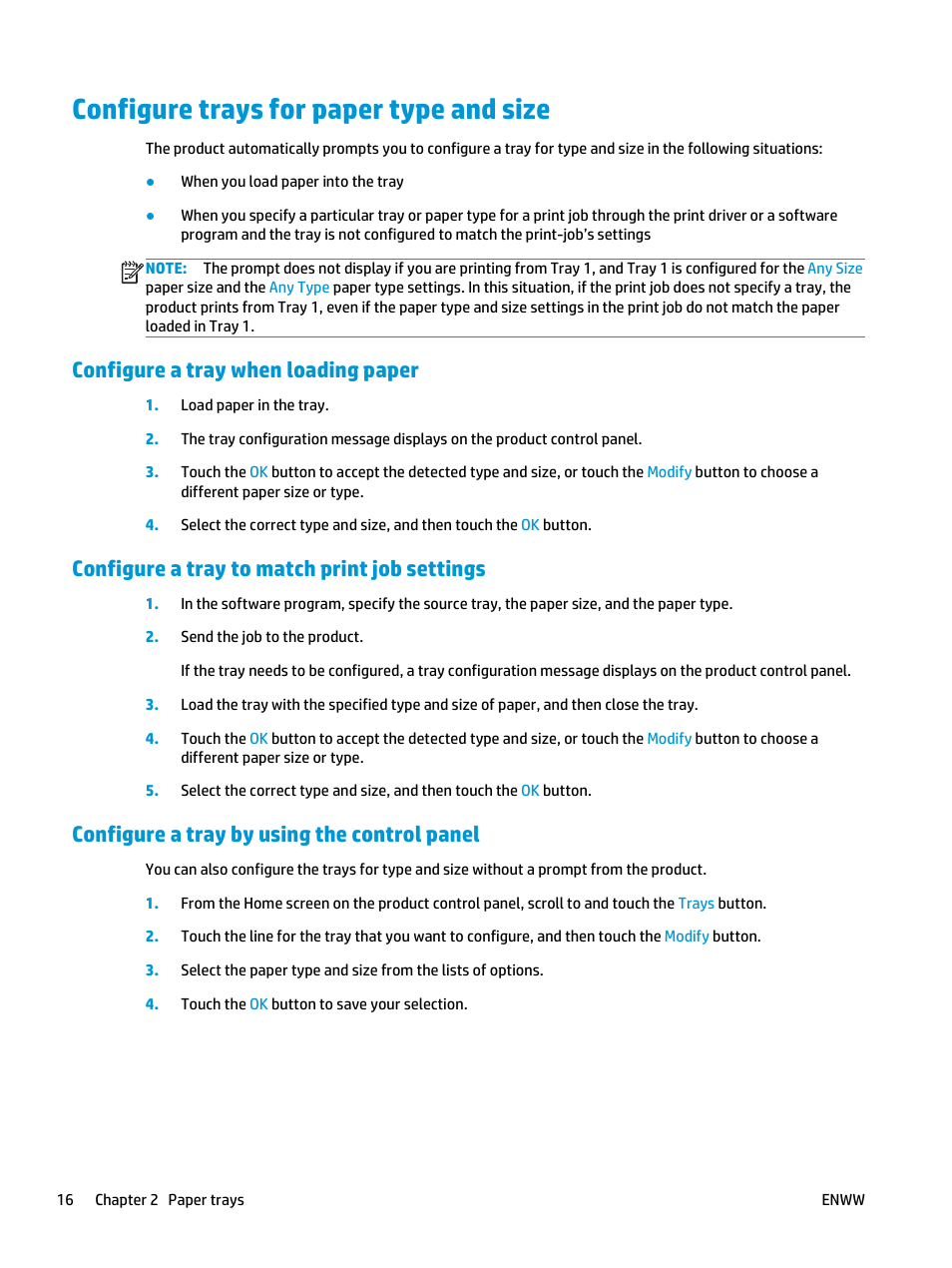 Configure trays for paper type and size, Configure a tray when loading paper, Configure a tray to match print job settings | Configure a tray by using the control panel | HP LaserJet Enterprise flow M830 Multifunction Printer series User Manual | Page 26 / 200