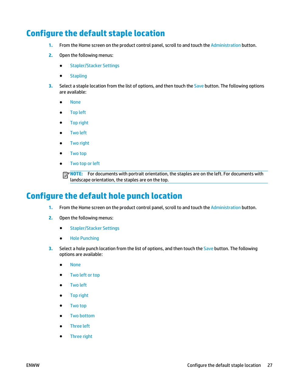 Configure the default staple location, Configure the default hole punch location | HP LaserJet Enterprise flow M830 Multifunction Printer series User Manual | Page 37 / 200