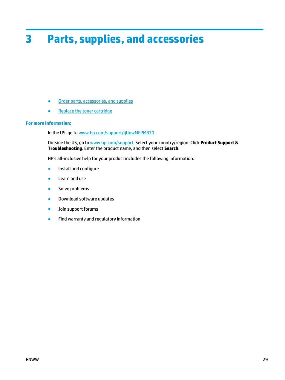 Parts, supplies, and accessories, 3 parts, supplies, and accessories, 3parts, supplies, and accessories | HP LaserJet Enterprise flow M830 Multifunction Printer series User Manual | Page 39 / 200