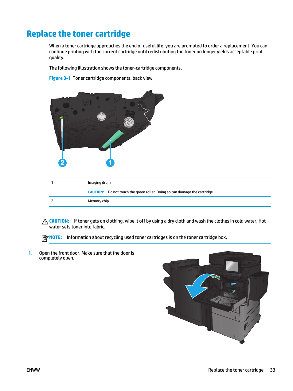 Replace the toner cartridge | HP LaserJet Enterprise flow M830 Multifunction Printer series User Manual | Page 43 / 200