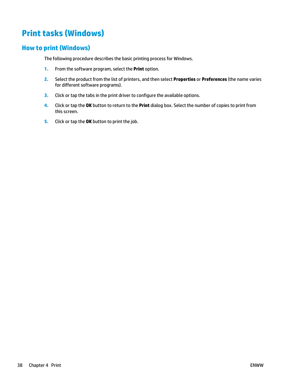 Print tasks (windows), How to print (windows) | HP LaserJet Enterprise flow M830 Multifunction Printer series User Manual | Page 48 / 200