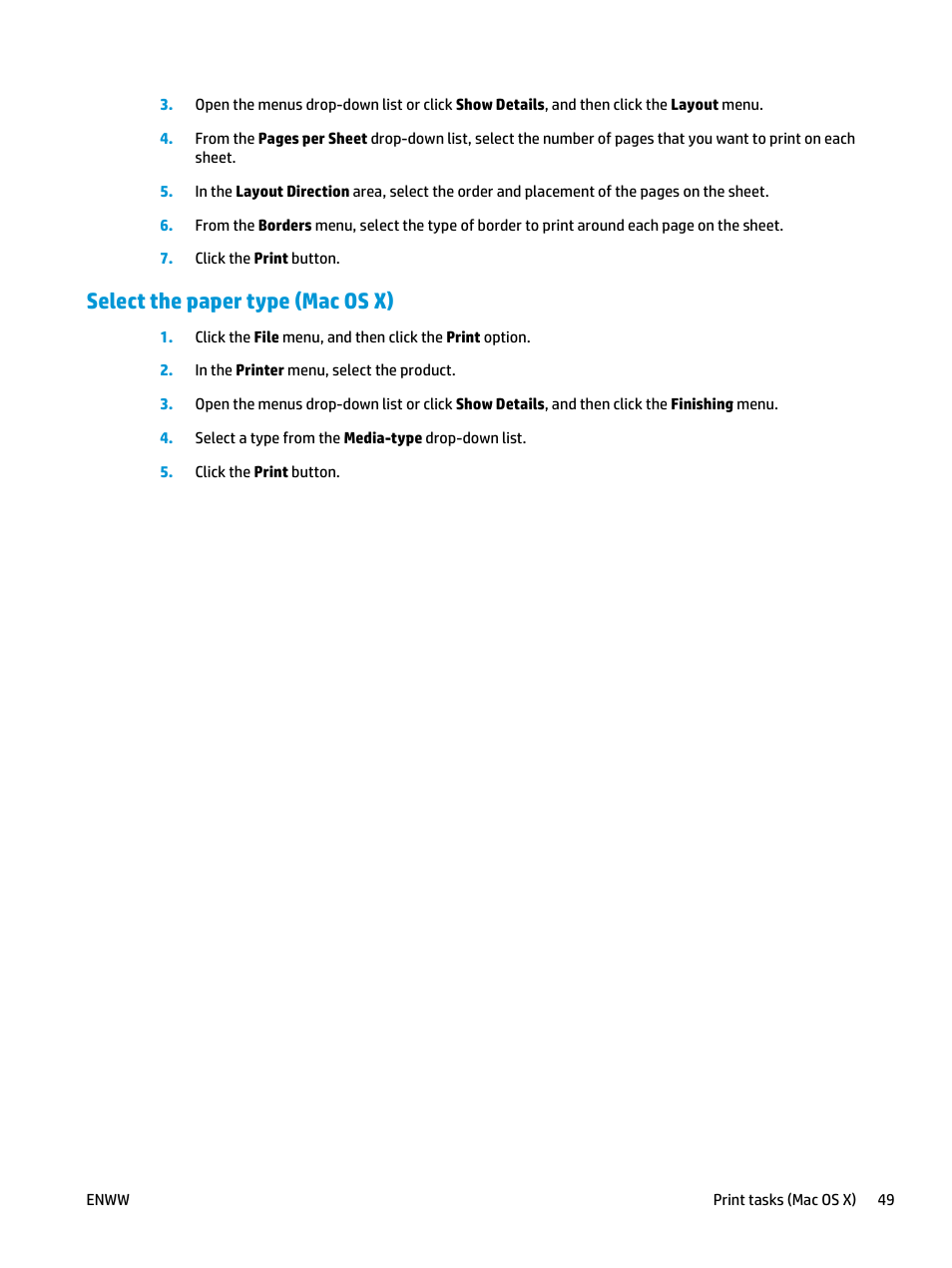 Select the paper type (mac os x) | HP LaserJet Enterprise flow M830 Multifunction Printer series User Manual | Page 59 / 200