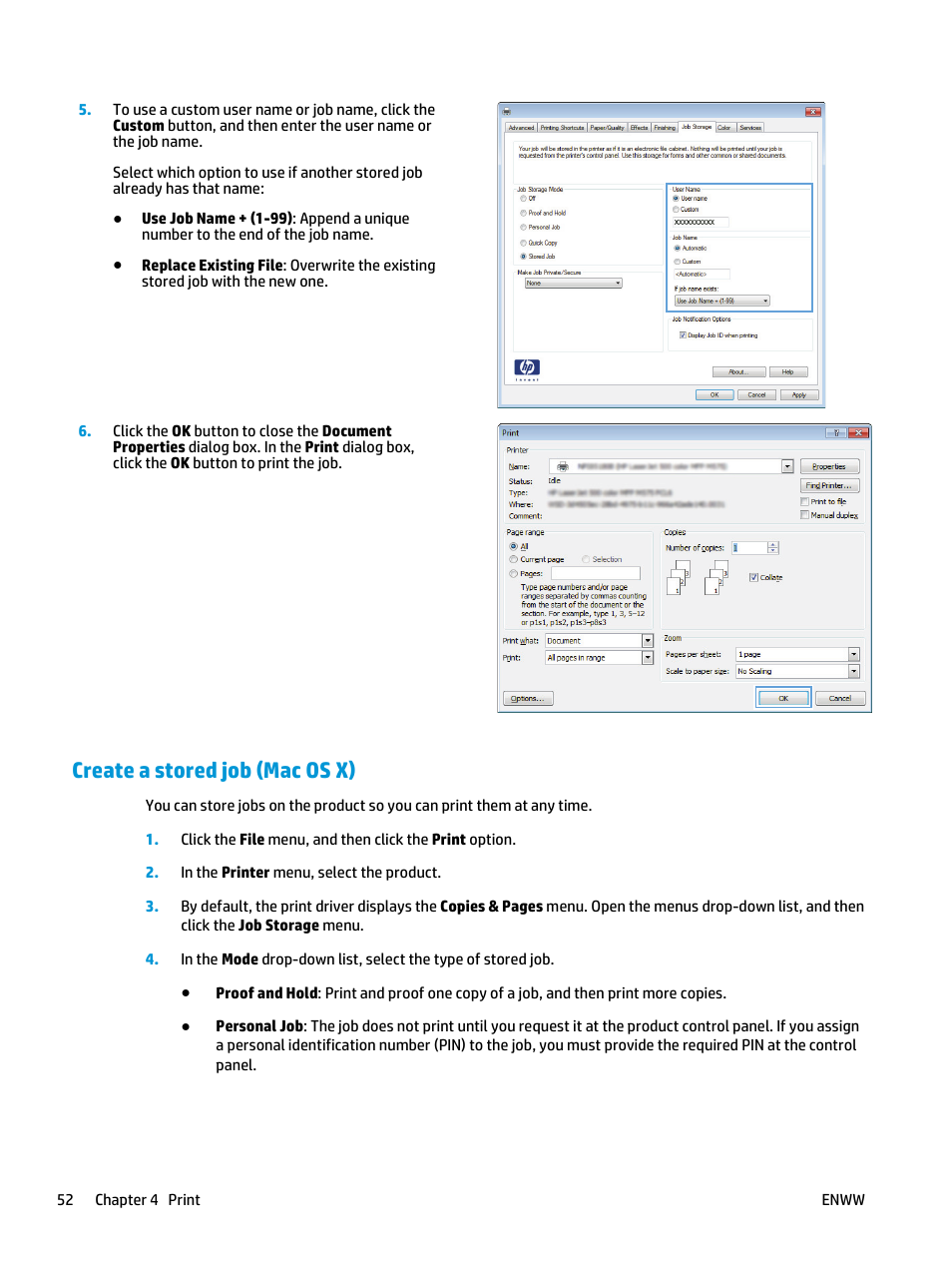 Create a stored job (mac os x) | HP LaserJet Enterprise flow M830 Multifunction Printer series User Manual | Page 62 / 200