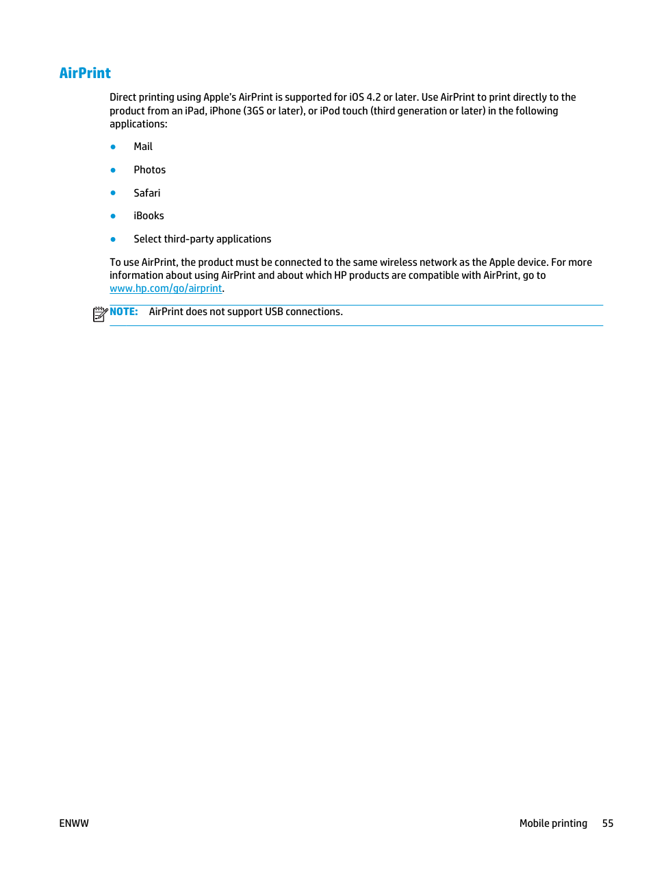 Airprint | HP LaserJet Enterprise flow M830 Multifunction Printer series User Manual | Page 65 / 200
