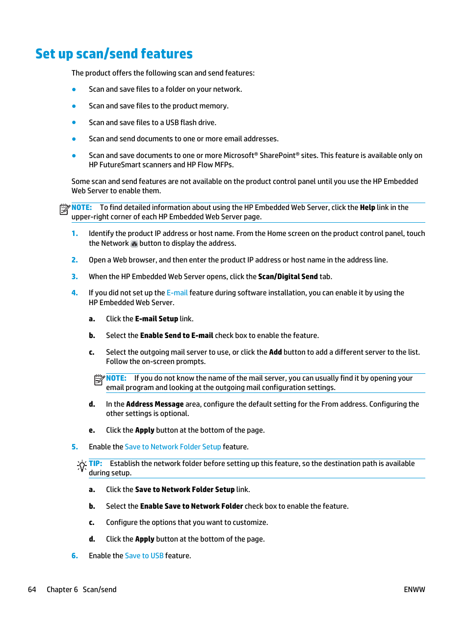 Set up scan/send features | HP LaserJet Enterprise flow M830 Multifunction Printer series User Manual | Page 74 / 200