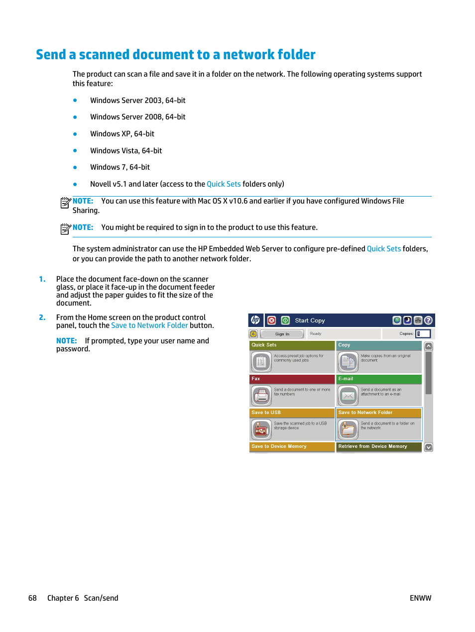 Send a scanned document to a network folder | HP LaserJet Enterprise flow M830 Multifunction Printer series User Manual | Page 78 / 200