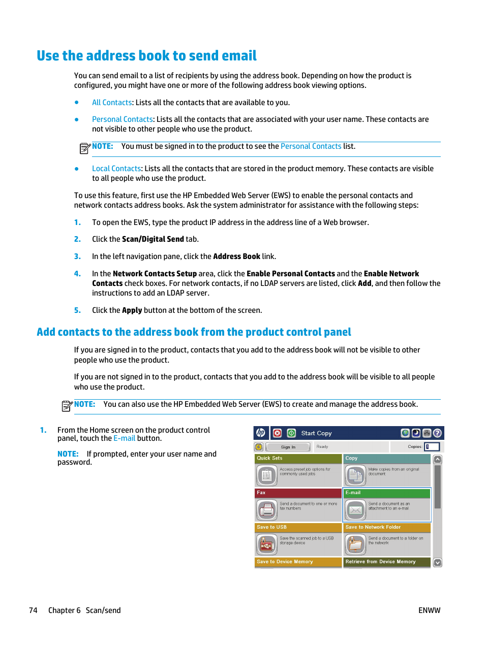 Use the address book to send email | HP LaserJet Enterprise flow M830 Multifunction Printer series User Manual | Page 84 / 200