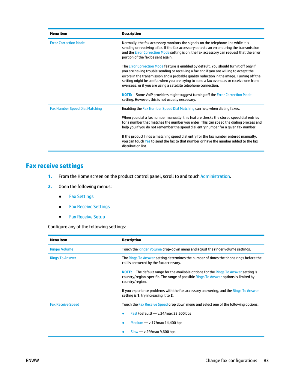 Fax receive settings | HP LaserJet Enterprise flow M830 Multifunction Printer series User Manual | Page 93 / 200