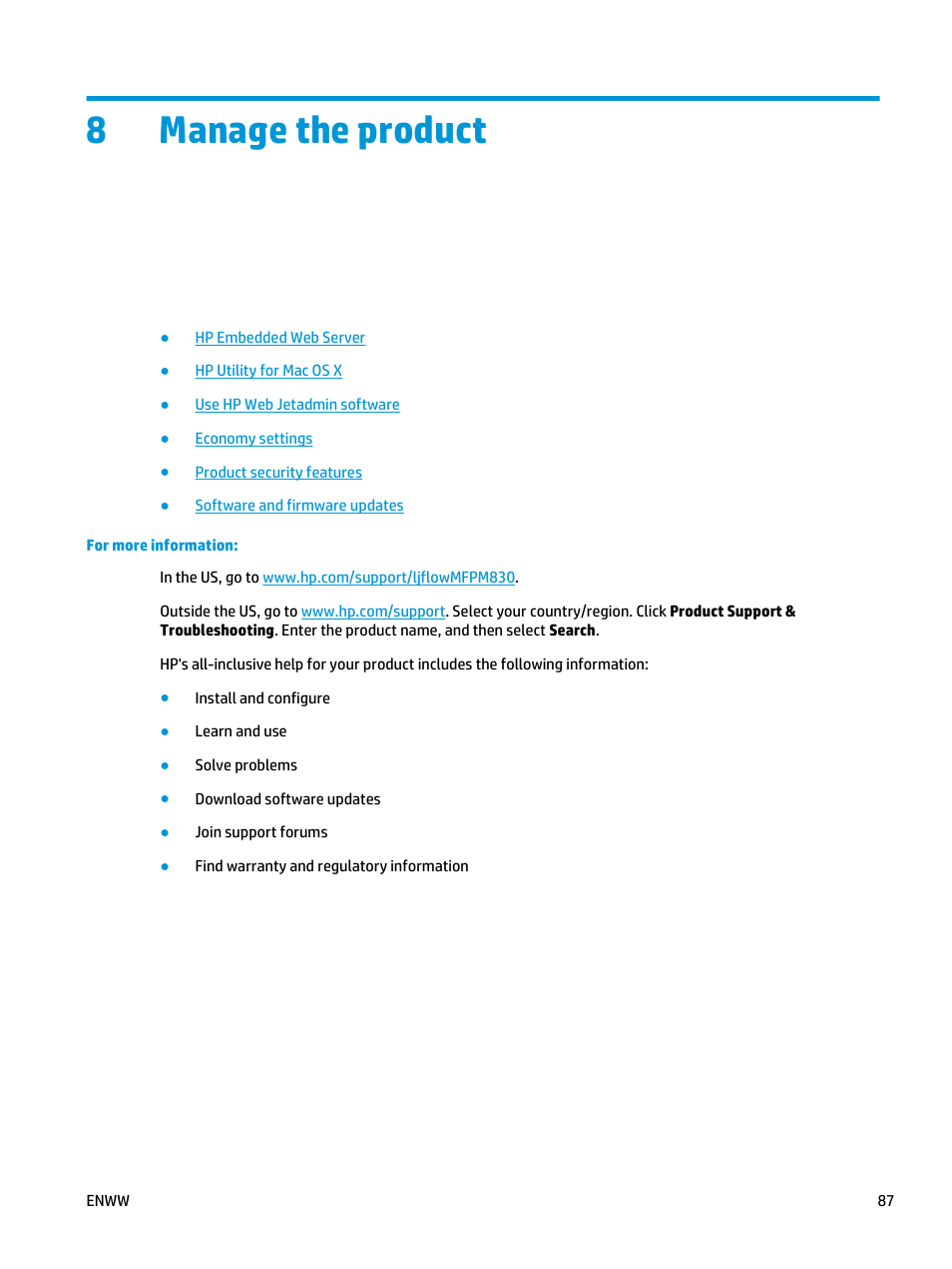 Manage the product, 8 manage the product, 8manage the product | HP LaserJet Enterprise flow M830 Multifunction Printer series User Manual | Page 97 / 200