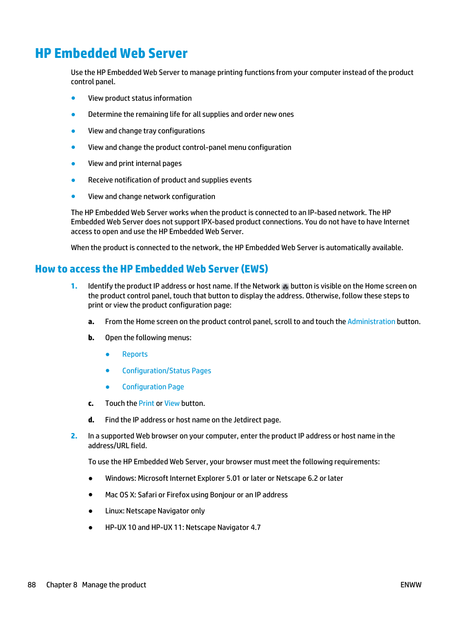 Hp embedded web server, How to access the hp embedded web server (ews) | HP LaserJet Enterprise flow M830 Multifunction Printer series User Manual | Page 98 / 200