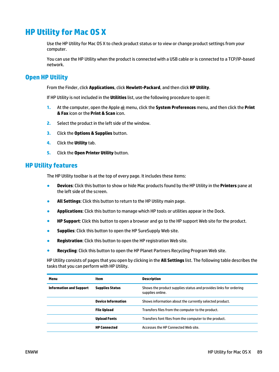 Hp utility for mac os x, Open hp utility, Hp utility features | Open hp utility hp utility features | HP LaserJet Enterprise flow M830 Multifunction Printer series User Manual | Page 99 / 200