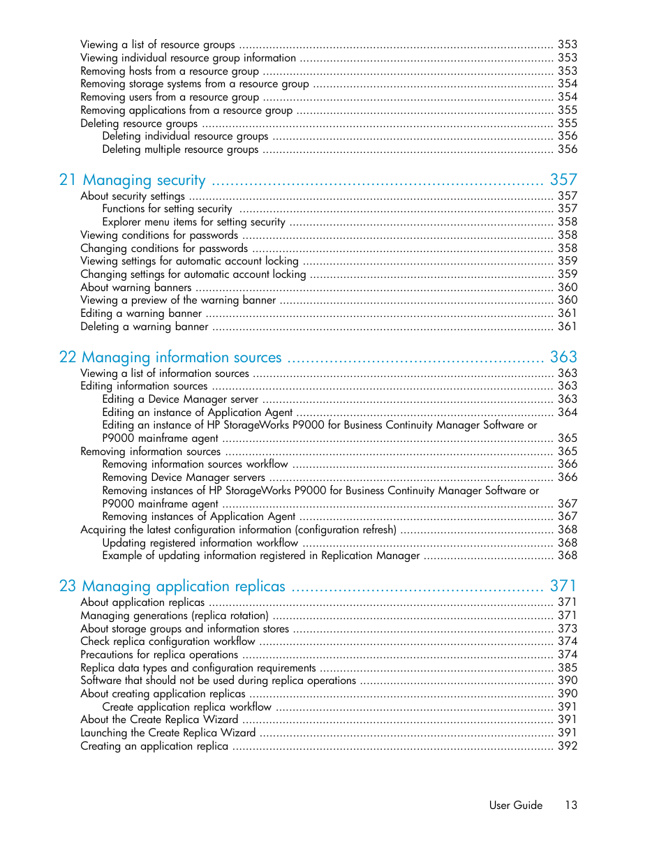 21 managing security, 22 managing information sources, 23 managing application replicas | HP 9000 rp5405 Servers User Manual | Page 13 / 484