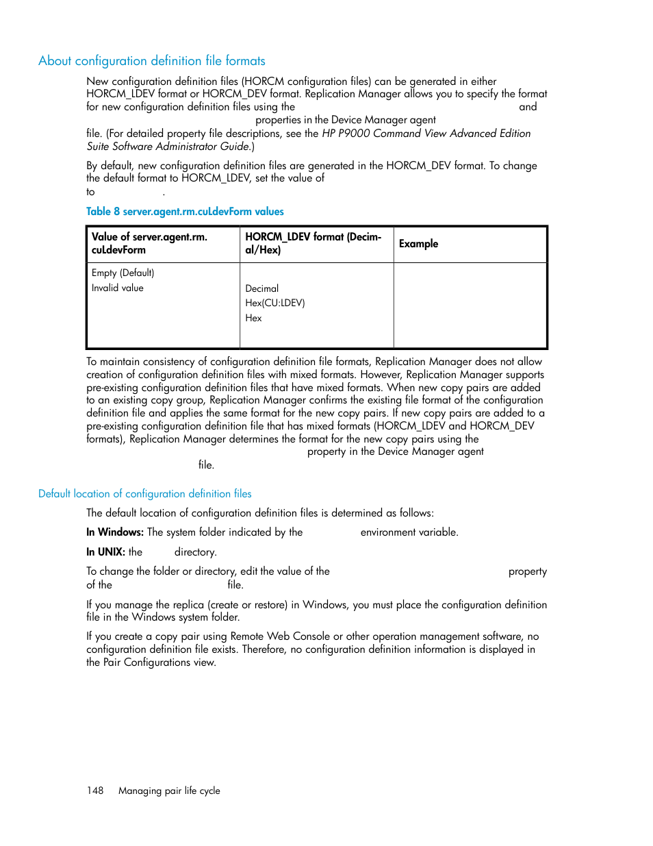About configuration definition file formats, Server.agent.rm.culdevform values | HP 9000 rp5405 Servers User Manual | Page 148 / 484