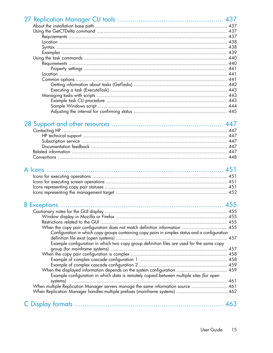 27 replication manager cli tools, 28 support and other resources, A icons | B exceptions, C display formats | HP 9000 rp5405 Servers User Manual | Page 15 / 484