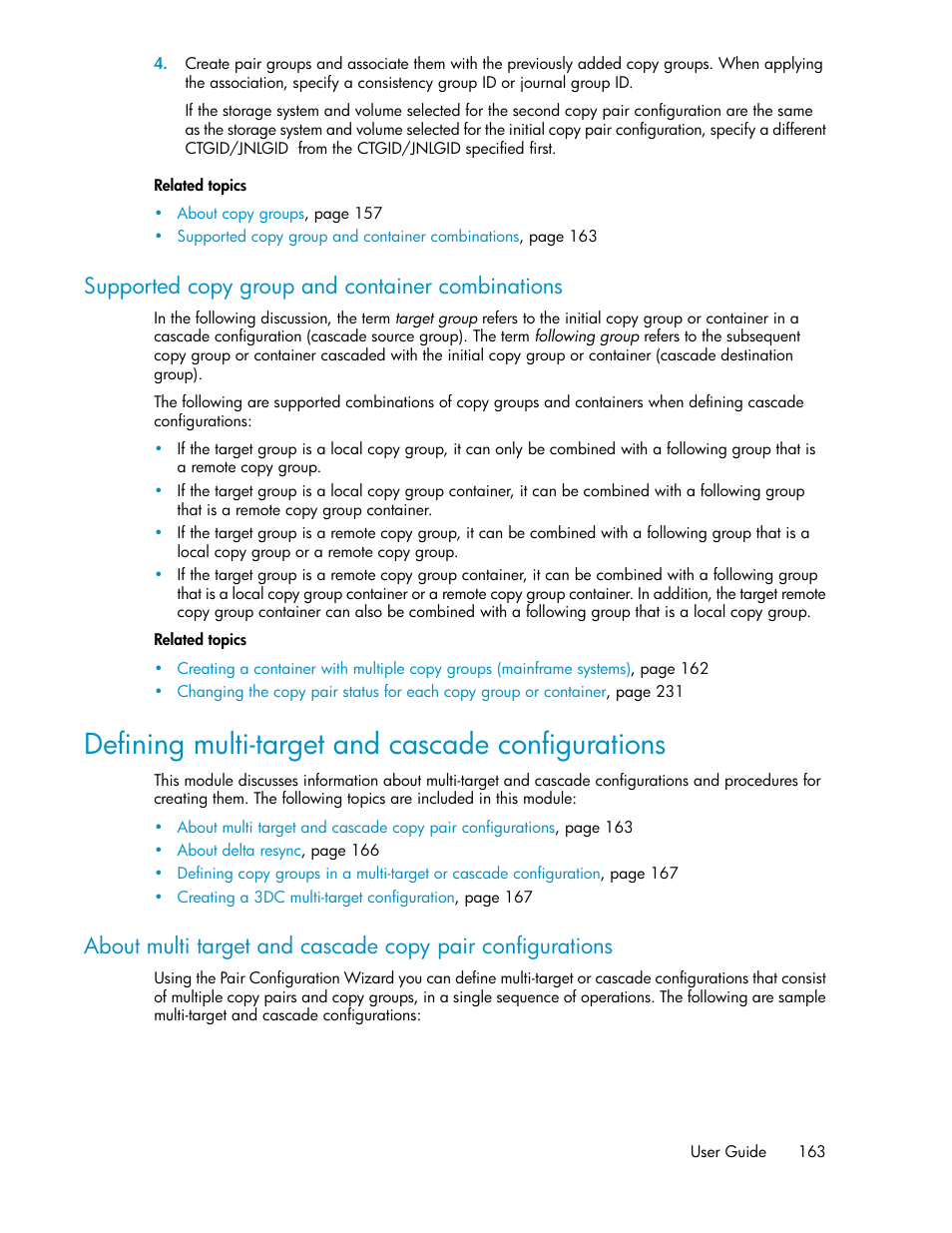 Supported copy group and container combinations, Defining multi-target and cascade configurations | HP 9000 rp5405 Servers User Manual | Page 163 / 484