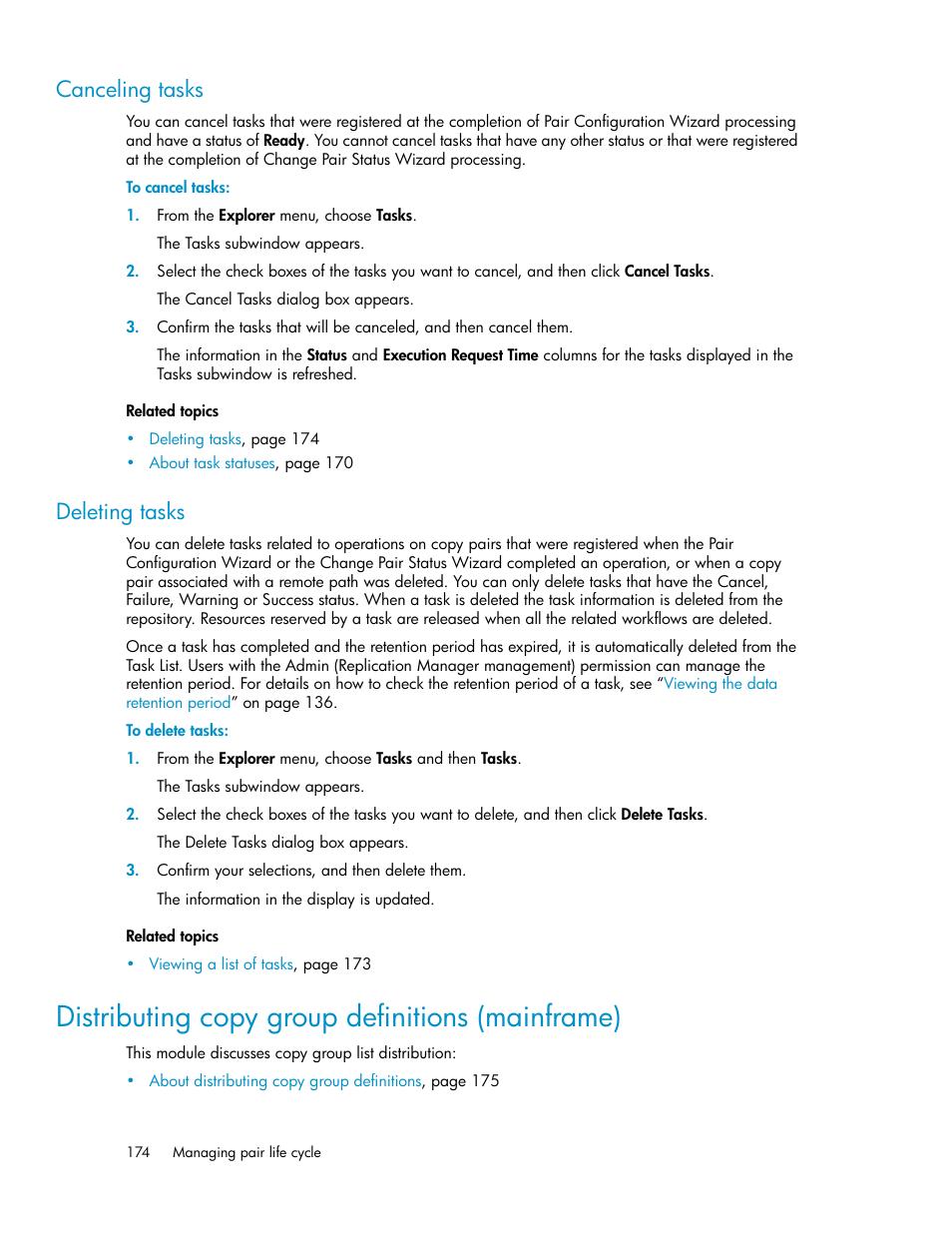 Canceling tasks, Deleting tasks, Distributing copy group definitions (mainframe) | 174 deleting tasks | HP 9000 rp5405 Servers User Manual | Page 174 / 484