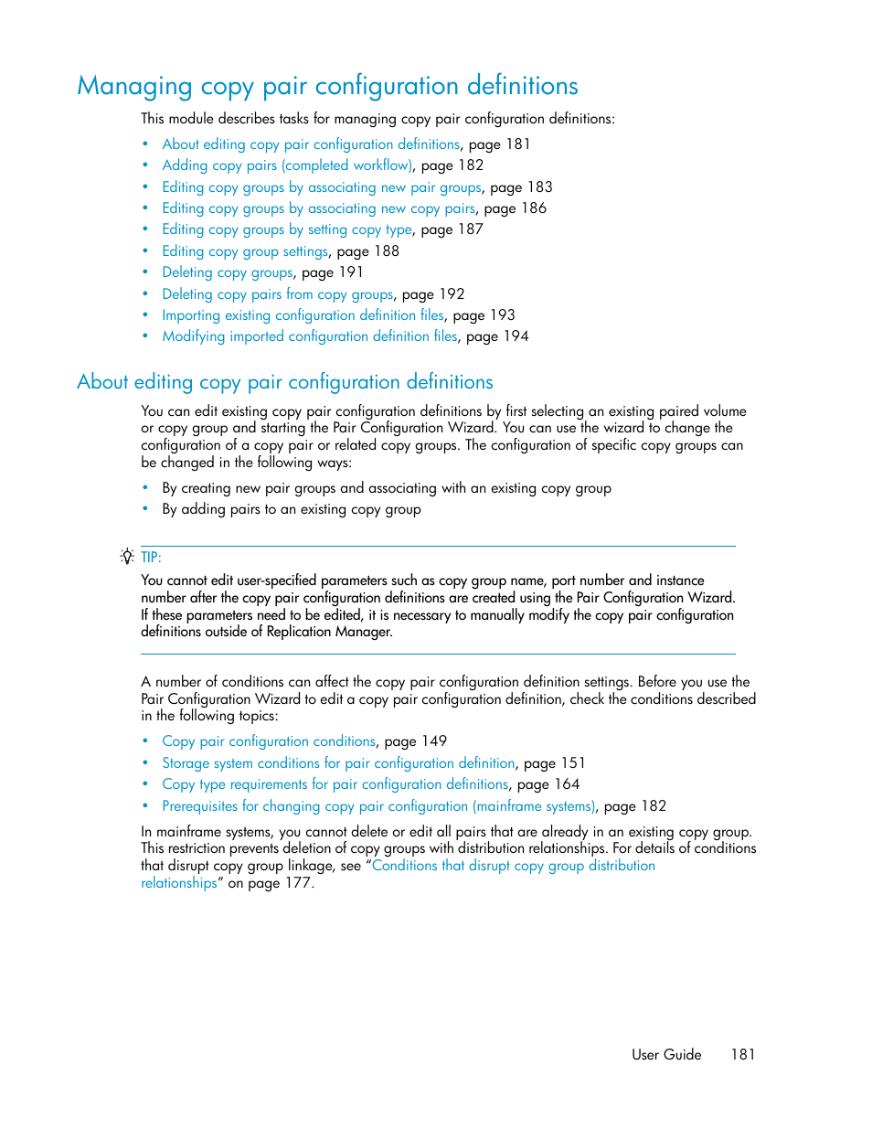 Managing copy pair configuration definitions, About editing copy pair configuration definitions | HP 9000 rp5405 Servers User Manual | Page 181 / 484