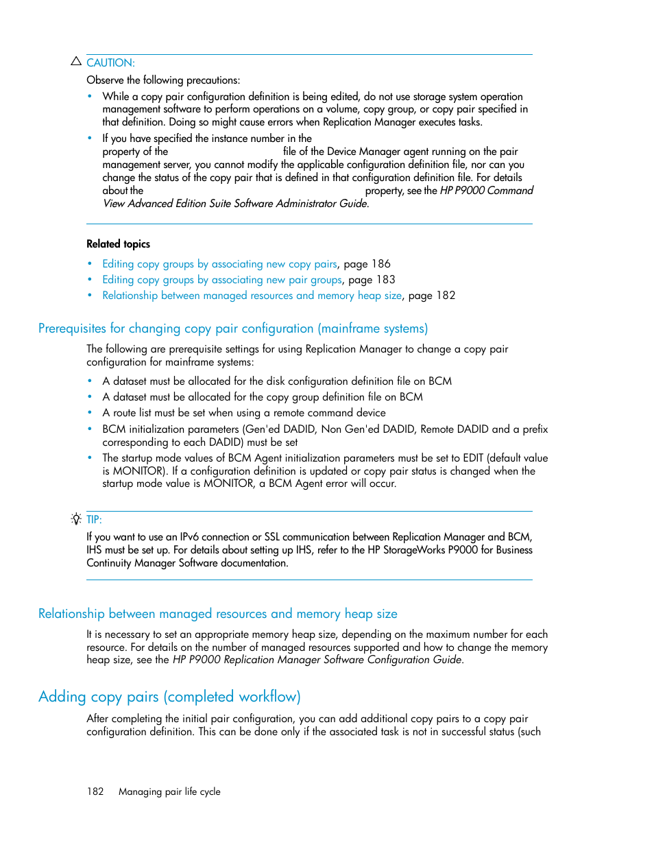 Adding copy pairs (completed workflow), Relationship between, Managed resources and memory heap size | HP 9000 rp5405 Servers User Manual | Page 182 / 484