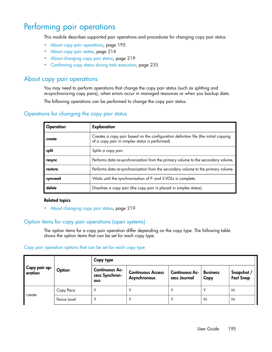 Performing pair operations, About copy pair operations | HP 9000 rp5405 Servers User Manual | Page 195 / 484