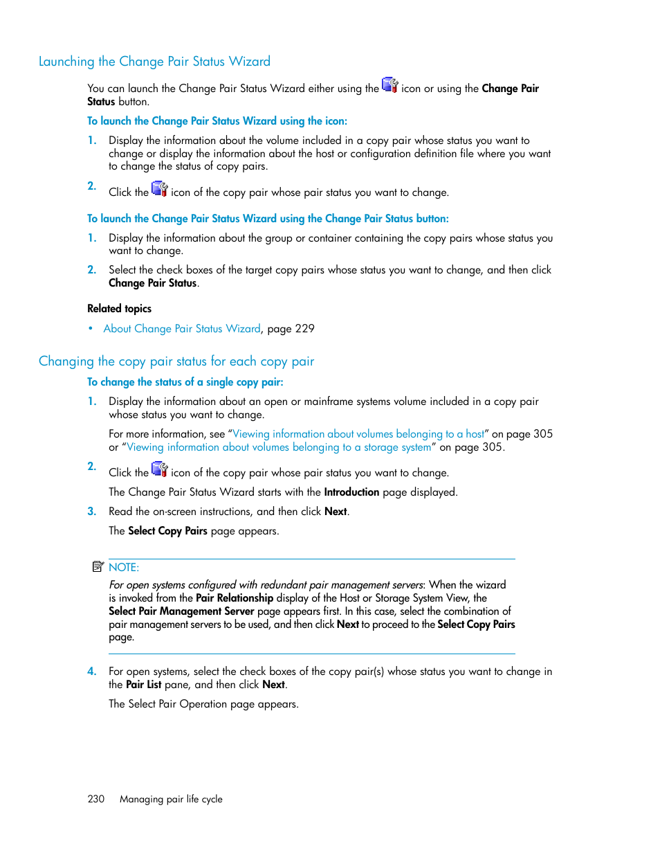 Launching the change pair status wizard, Changing the copy pair status for each copy pair | HP 9000 rp5405 Servers User Manual | Page 230 / 484