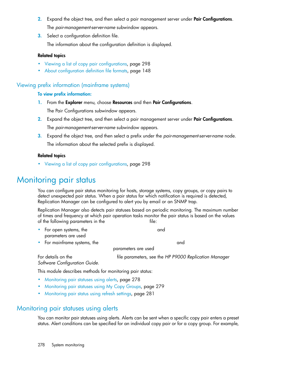 Viewing prefix information (mainframe systems), Monitoring pair status, Monitoring pair statuses using alerts | HP 9000 rp5405 Servers User Manual | Page 278 / 484