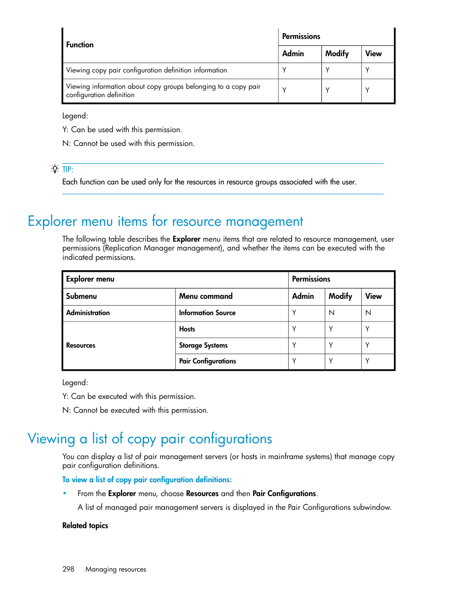 Explorer menu items for resource management, Viewing a list of copy pair configurations, 298 viewing a list of copy pair configurations | HP 9000 rp5405 Servers User Manual | Page 298 / 484