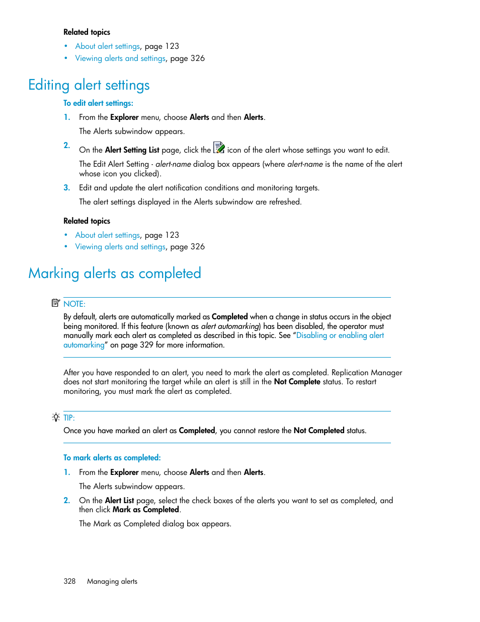 Editing alert settings, Marking alerts as completed, 328 marking alerts as completed | HP 9000 rp5405 Servers User Manual | Page 328 / 484