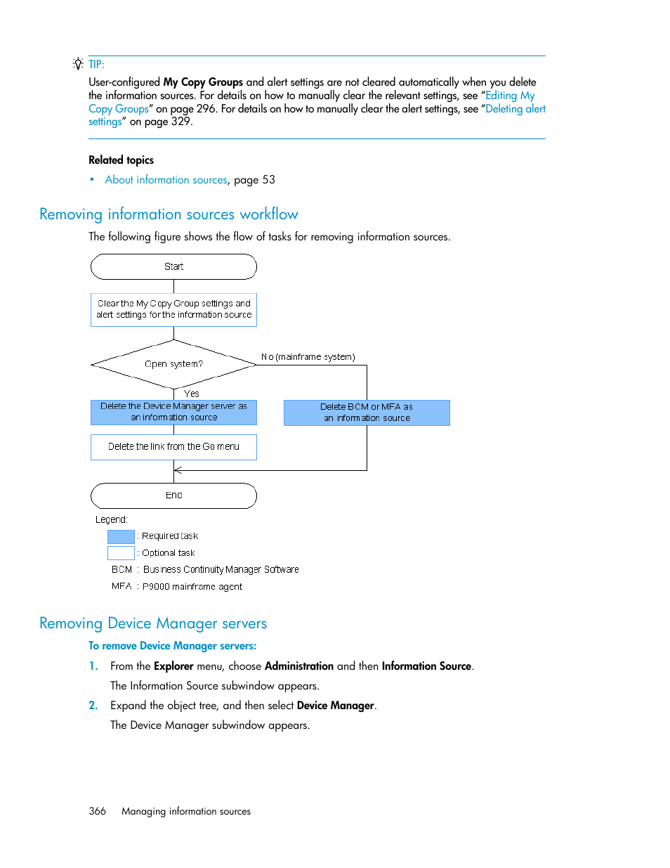 Removing information sources workflow, Removing device manager servers, 366 removing device manager servers | Removing information sources, Workflow | HP 9000 rp5405 Servers User Manual | Page 366 / 484