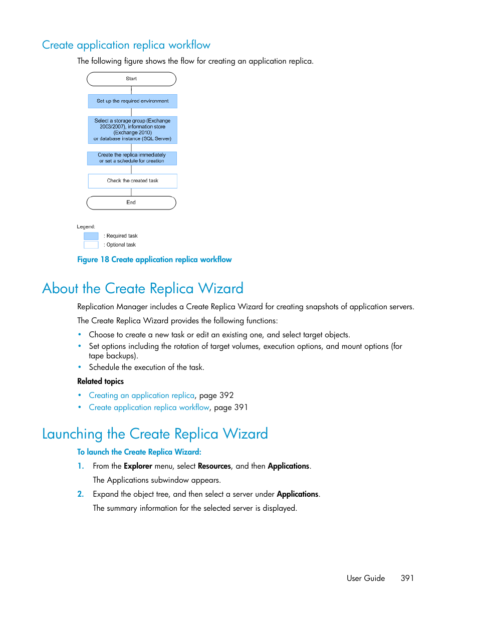 Create application replica workflow, About the create replica wizard, Launching the create replica wizard | 391 launching the create replica wizard | HP 9000 rp5405 Servers User Manual | Page 391 / 484