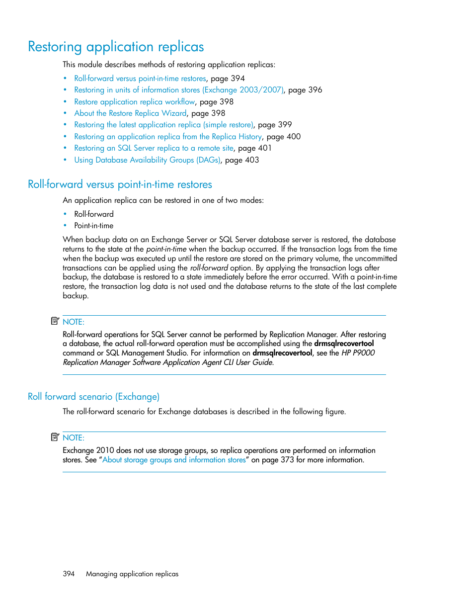 Restoring application replicas, Roll-forward versus point-in-time restores | HP 9000 rp5405 Servers User Manual | Page 394 / 484