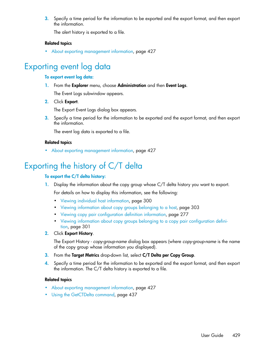 Exporting event log data, Exporting the history of c/t delta, 429 exporting the history of c/t delta | HP 9000 rp5405 Servers User Manual | Page 429 / 484