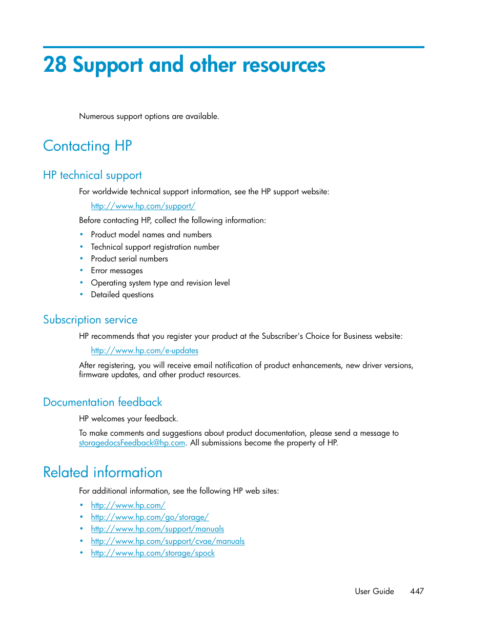 28 support and other resources, Contacting hp, Hp technical support | Subscription service, Documentation feedback, Related information, 447 subscription service, 447 documentation feedback | HP 9000 rp5405 Servers User Manual | Page 447 / 484