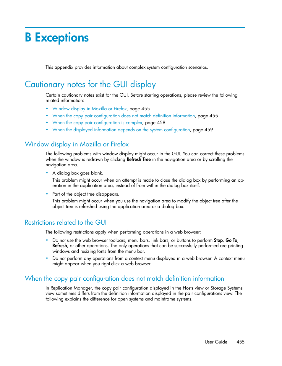 B exceptions, Cautionary notes for the gui display, Window display in mozilla or firefox | Restrictions related to the gui, 455 restrictions related to the gui | HP 9000 rp5405 Servers User Manual | Page 455 / 484