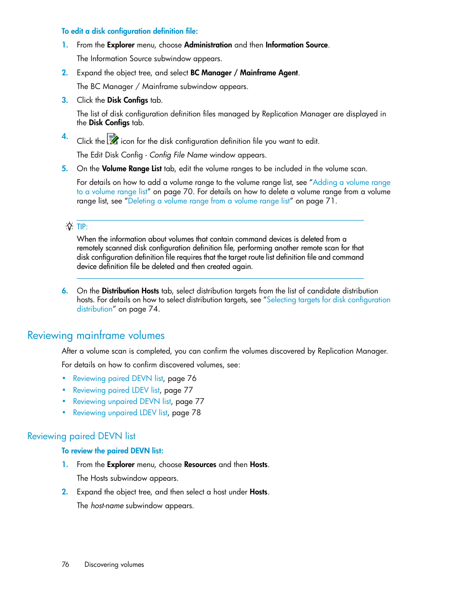 Reviewing mainframe volumes, Reviewing paired devn list | HP 9000 rp5405 Servers User Manual | Page 76 / 484