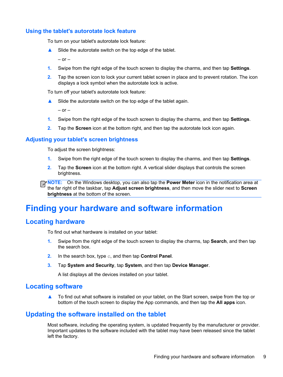 Using the tablet's autorotate lock feature, Adjusting your tablet's screen brightness, Finding your hardware and software information | Locating hardware, Locating software, Updating the software installed on the tablet | HP ElitePad 900 G1 Tablet User Manual | Page 17 / 57
