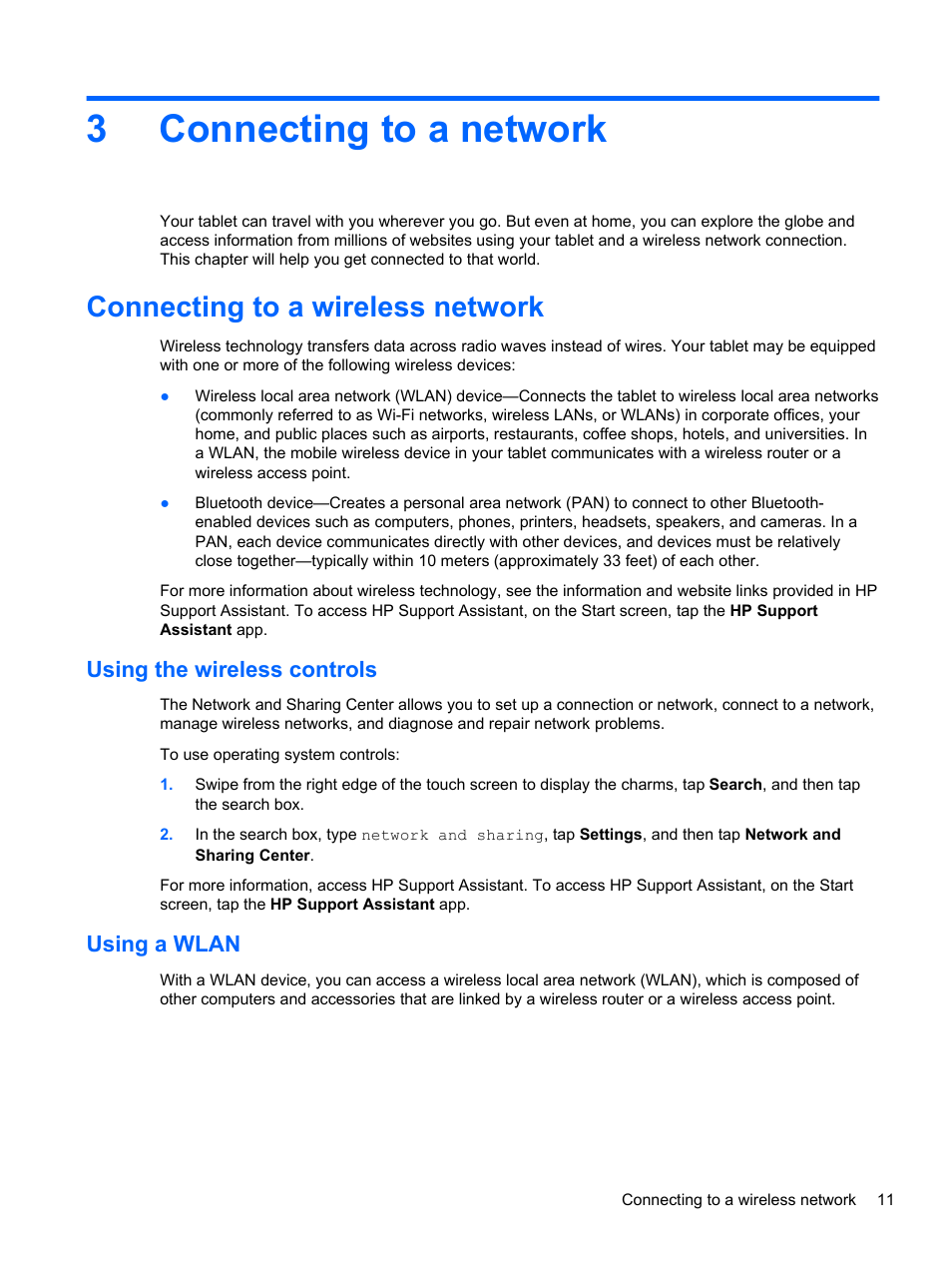 Connecting to a network, Connecting to a wireless network, Using the wireless controls | Using a wlan, 3 connecting to a network, Using the wireless controls using a wlan, 3connecting to a network | HP ElitePad 900 G1 Tablet User Manual | Page 19 / 57