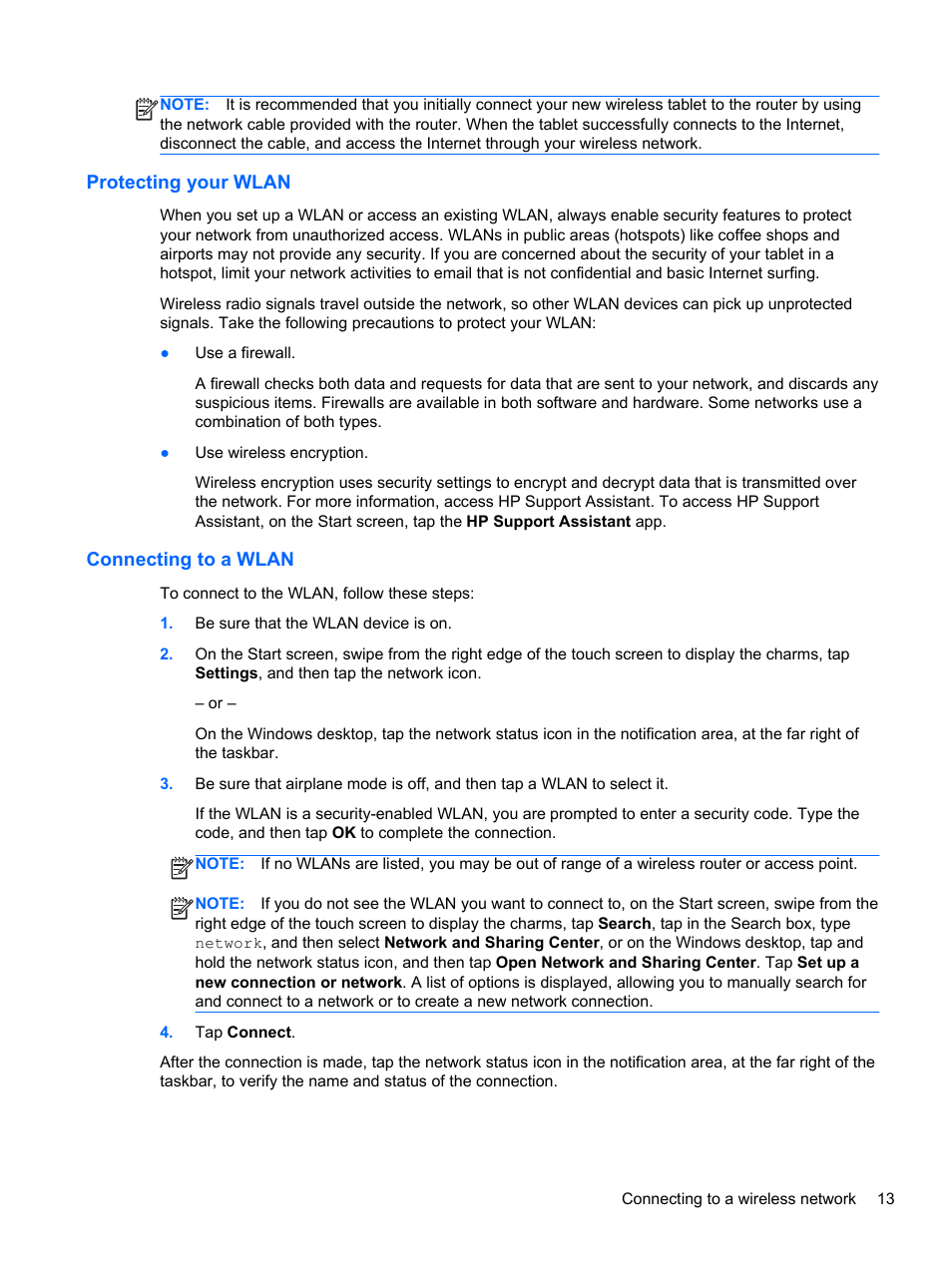 Protecting your wlan, Connecting to a wlan, Protecting your wlan connecting to a wlan | HP ElitePad 900 G1 Tablet User Manual | Page 21 / 57