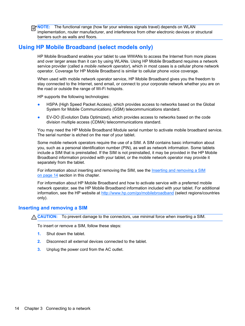 Using hp mobile broadband (select models only), Inserting and removing a sim | HP ElitePad 900 G1 Tablet User Manual | Page 22 / 57