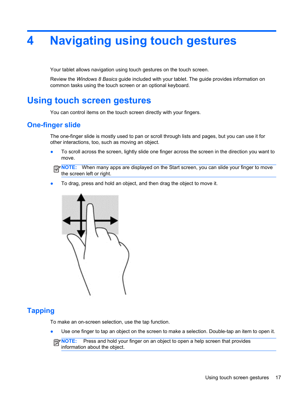 Navigating using touch gestures, Using touch screen gestures, One-finger slide | Tapping, 4 navigating using touch gestures, One-finger slide tapping, For additi, 4navigating using touch gestures | HP ElitePad 900 G1 Tablet User Manual | Page 25 / 57
