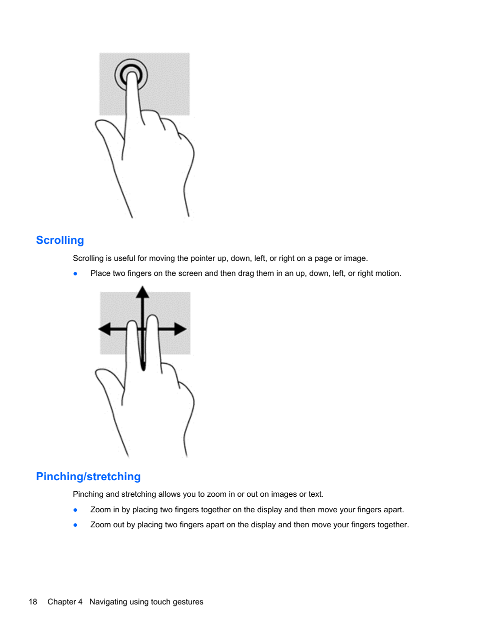 Scrolling, Pinching/stretching, Scrolling pinching/stretching | HP ElitePad 900 G1 Tablet User Manual | Page 26 / 57