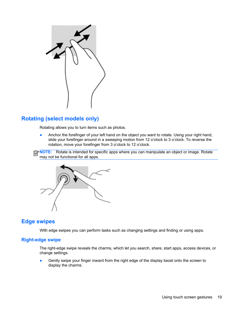 Rotating (select models only), Edge swipes, Right-edge swipe | Rotating (select models only) edge swipes | HP ElitePad 900 G1 Tablet User Manual | Page 27 / 57