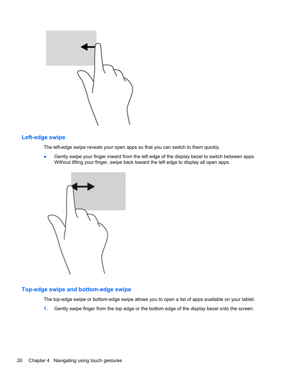 Left-edge swipe, Top-edge swipe and bottom-edge swipe | HP ElitePad 900 G1 Tablet User Manual | Page 28 / 57