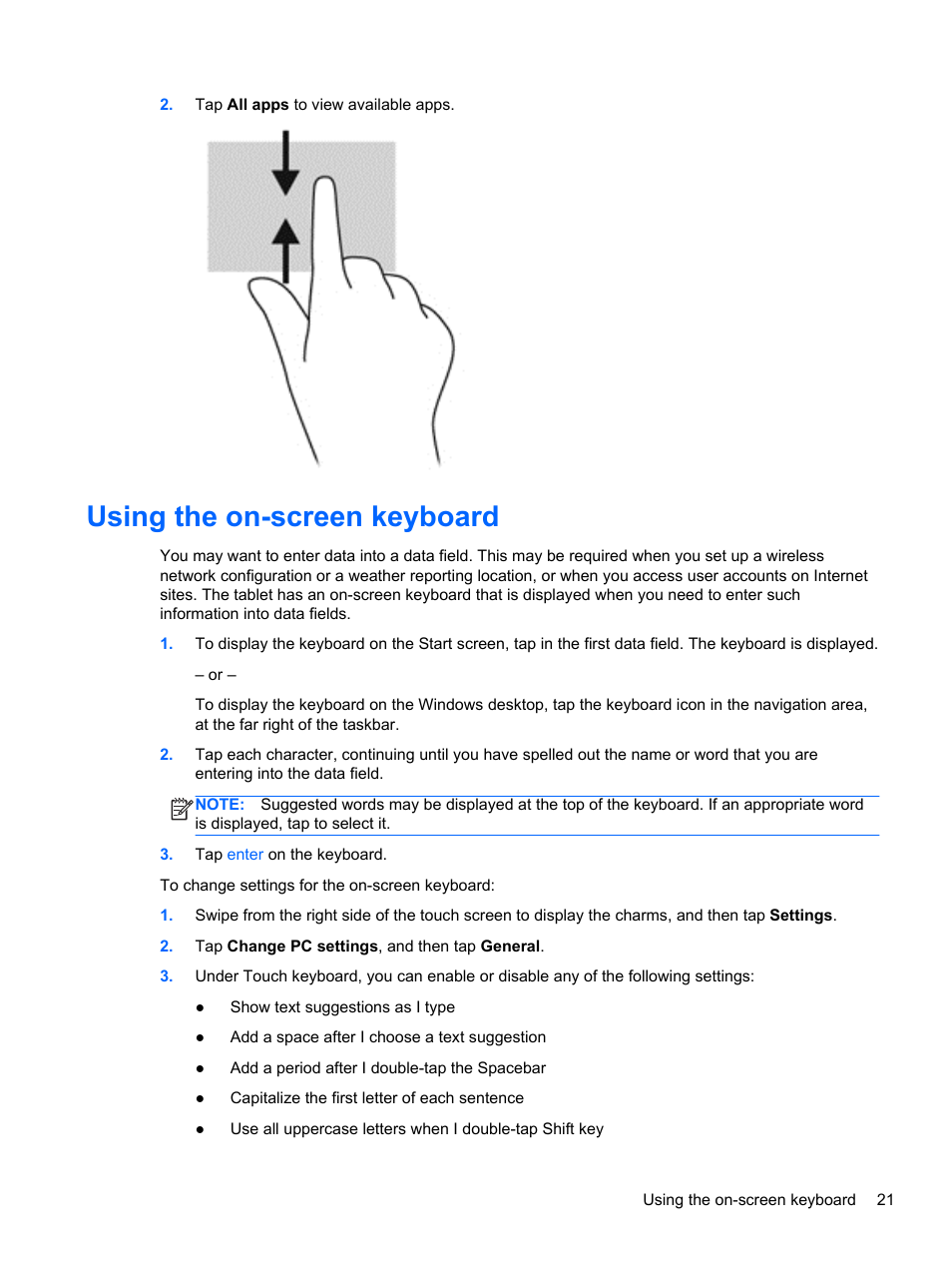 Using the on-screen keyboard | HP ElitePad 900 G1 Tablet User Manual | Page 29 / 57