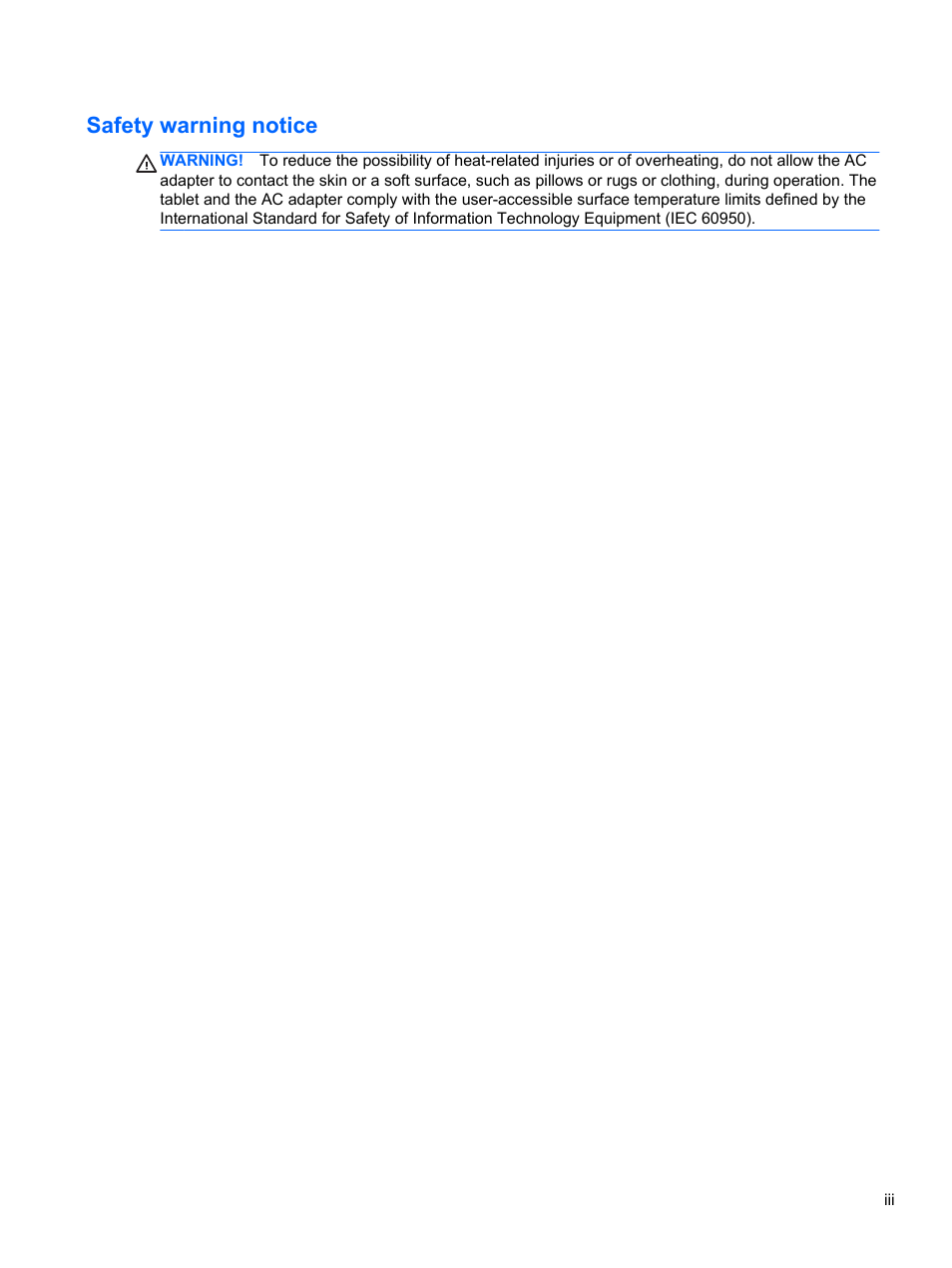 Safety warning notice | HP ElitePad 900 G1 Tablet User Manual | Page 3 / 57