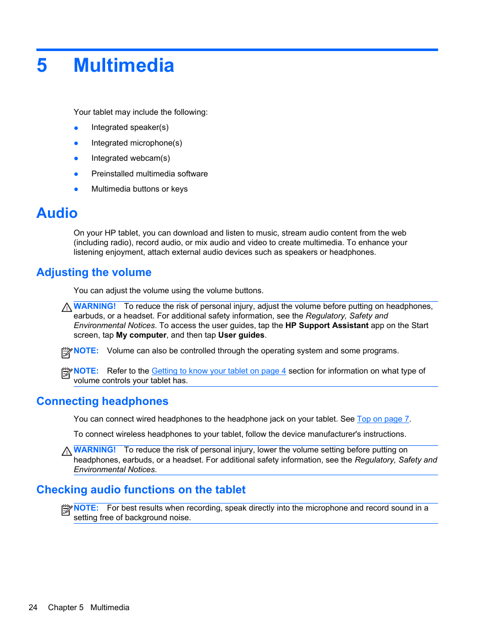 Multimedia, Audio, Adjusting the volume | Connecting headphones, Checking audio functions on the tablet, 5 multimedia, 5multimedia | HP ElitePad 900 G1 Tablet User Manual | Page 32 / 57