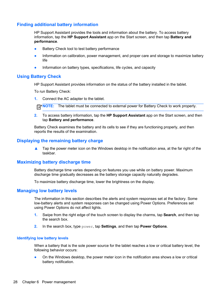 Finding additional battery information, Using battery check, Displaying the remaining battery charge | Maximizing battery discharge time, Managing low battery levels, Identifying low battery levels | HP ElitePad 900 G1 Tablet User Manual | Page 36 / 57