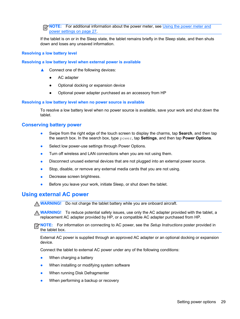 Resolving a low battery level, Conserving battery power, Using external ac power | HP ElitePad 900 G1 Tablet User Manual | Page 37 / 57