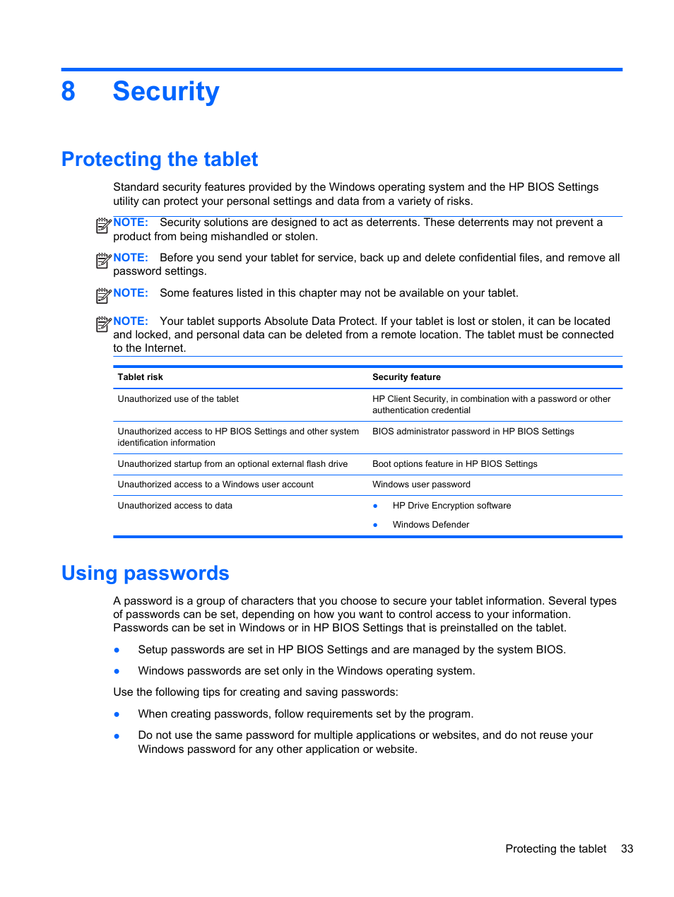 Security, Protecting the tablet, Using passwords | 8 security, Protecting the tablet using passwords, 8security | HP ElitePad 900 G1 Tablet User Manual | Page 41 / 57