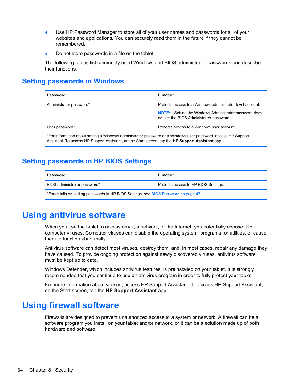 Setting passwords in windows, Setting passwords in hp bios settings, Using antivirus software | Using firewall software, Using antivirus software using firewall software | HP ElitePad 900 G1 Tablet User Manual | Page 42 / 57