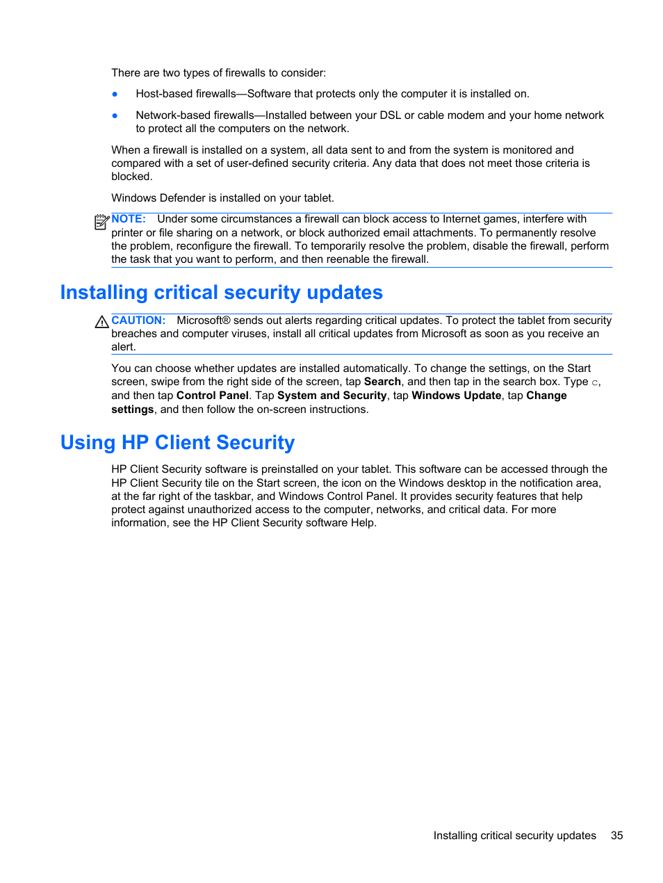 Installing critical security updates, Using hp client security | HP ElitePad 900 G1 Tablet User Manual | Page 43 / 57